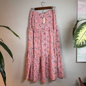 Max Studio Floral Pink Blue Paisley Button Front Detail Tiered Boho Maxi Skirt L